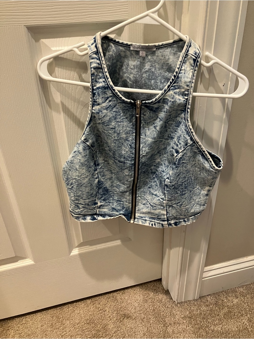 Charlotte Russe Light Blue Acid Wash Denim Crop Top with Front Zip